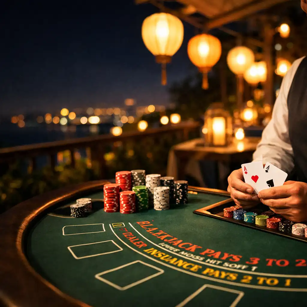 Stół do blackjacka na tarasie z kartami i żetonami
