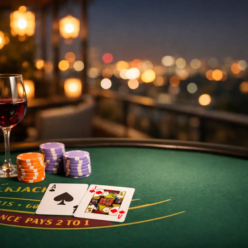 Stół do blackjacka na tarasie z kartami, żetonami i kieliszkiem wina