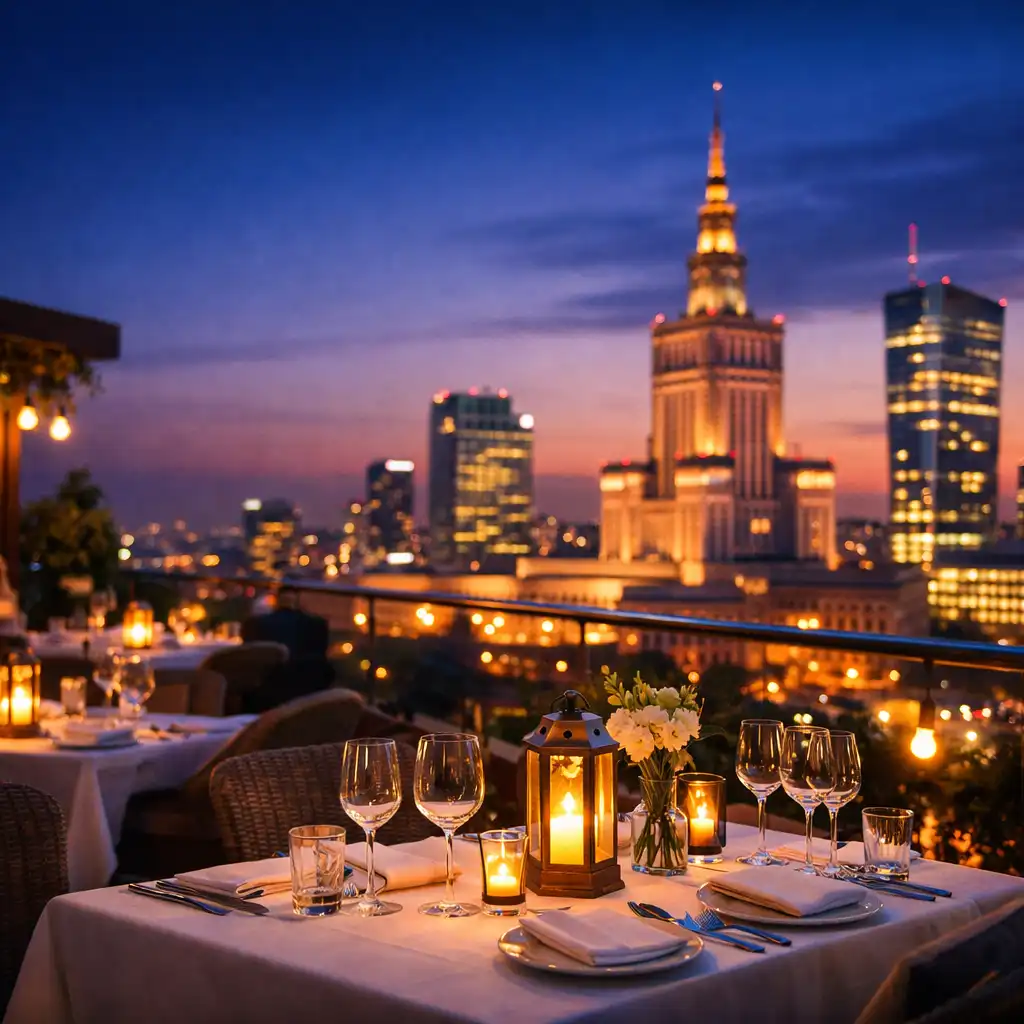 Taras Dinner Terrace o zmierzchu z widokiem na panoramę Warszawy, stoły z lampionami