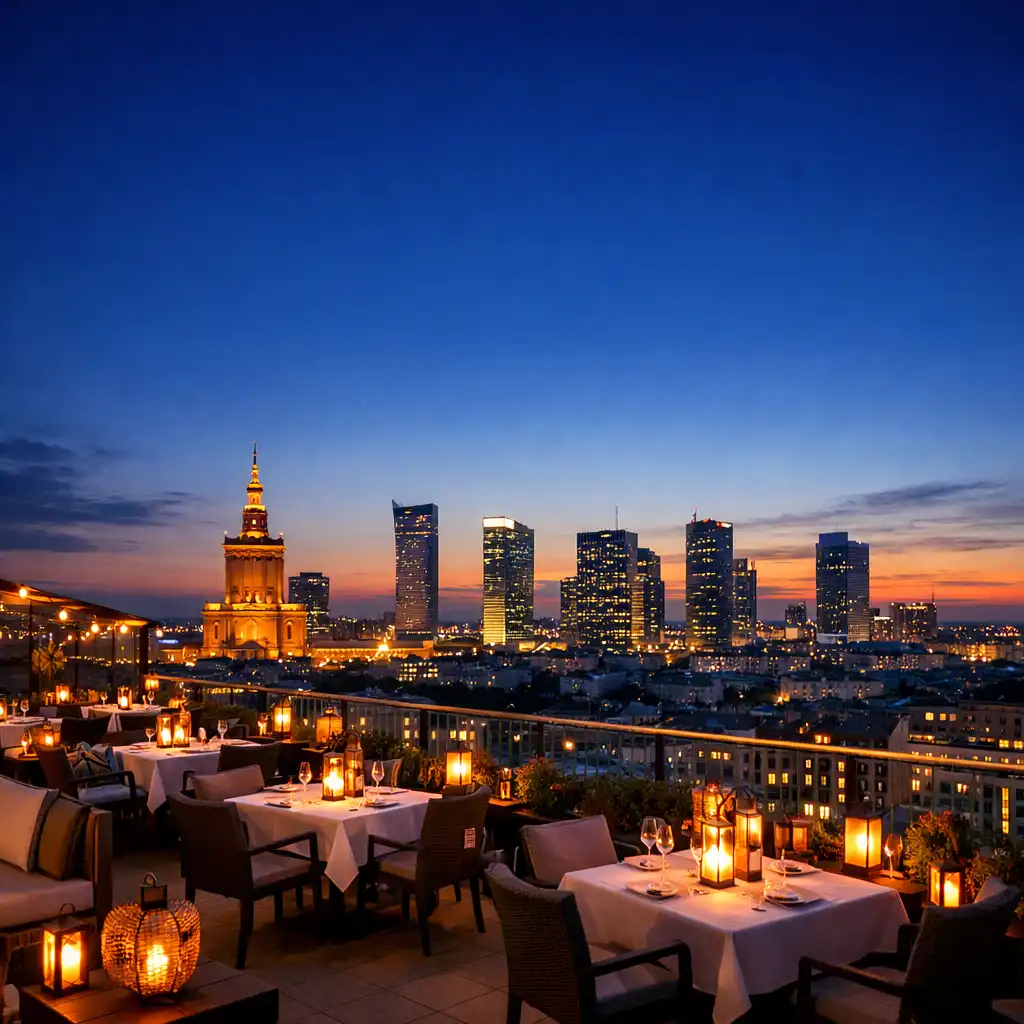 Panorama tarasu Dinner Terrace o zmierzchu z widokiem na Warszawę