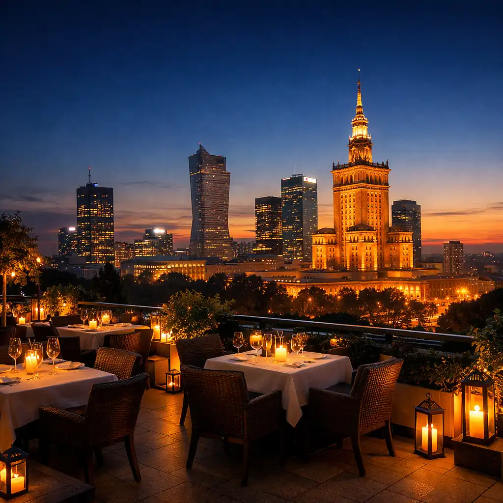 Panoramiczny widok na miejski taras Dinner Terrace o zmierzchu, z lampionami i panoramą Warszawy