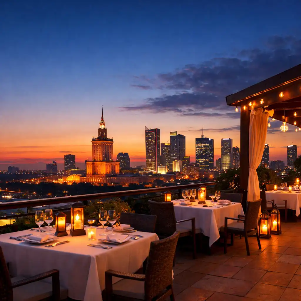 Panoramiczny widok na miejski taras Dinner Terrace o zachodzie słońca, z eleganckimi stołami i lampionami