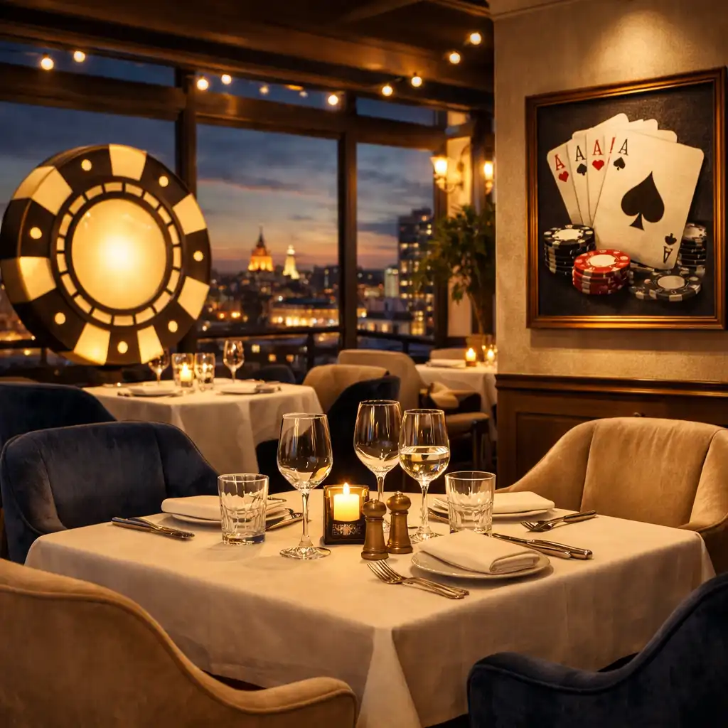 Eleganckie wnętrze Dinner Terrace z ciepłym oświetleniem, stolikami i widokiem na miasto