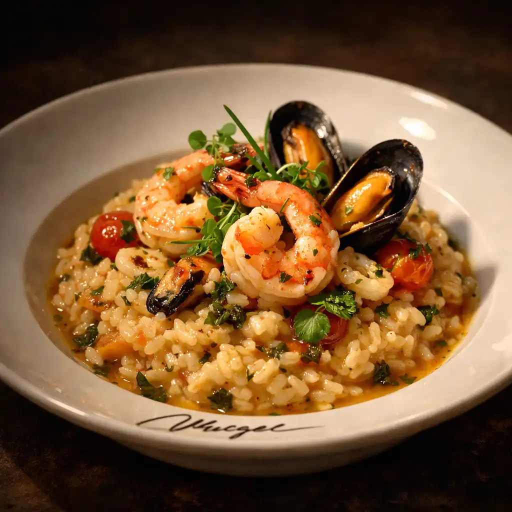 Risotto z owocami morza z krewetkami i małżami w głębokim talerzu