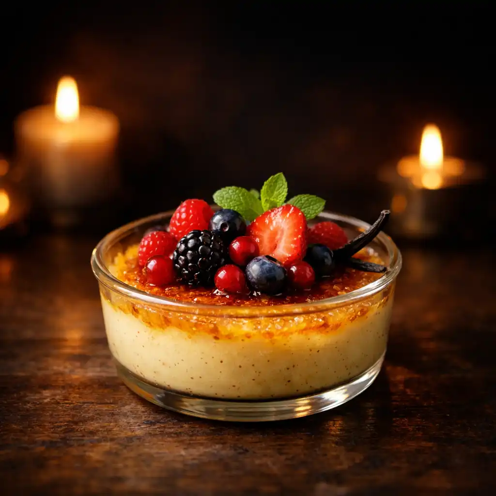 Krem brulee z wanilią i owocami leśnymi