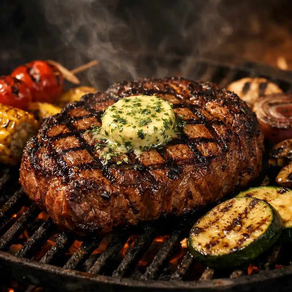 Stek z antrykotu z masłem ziołowym i grillowanymi warzywami
