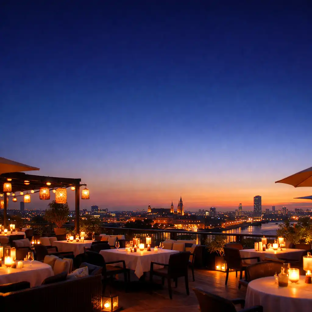 Panorama tarasu Dinner Terrace o zmierzchu z ciepłymi światłami i widokiem na miasto