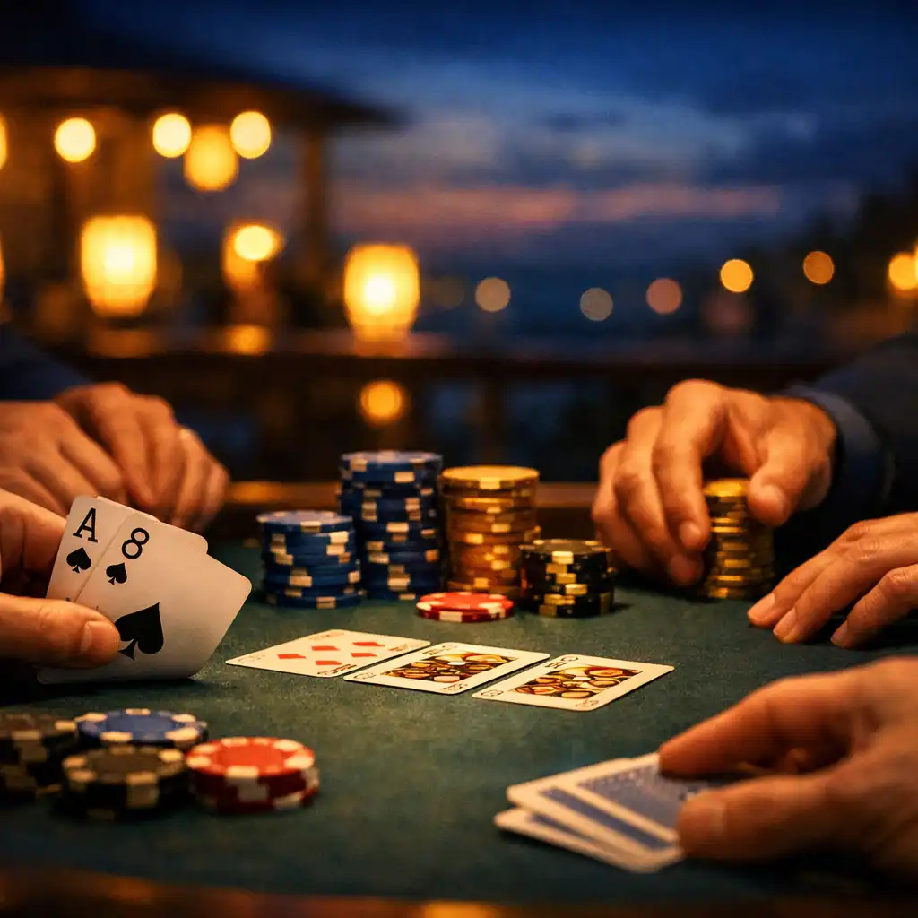 Zbliżenie na dłonie graczy przy stole pokerowym, karty i żetony w ciepłym świetle lampionów na tarasie Dinner Terrace