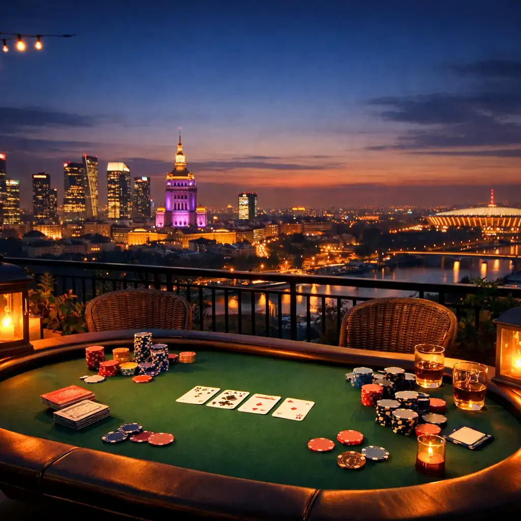 Elegancki stół pokerowy na tarasie Dinner Terrace o zmierzchu, z kartami, żetonami i panoramą Warszawy w tle