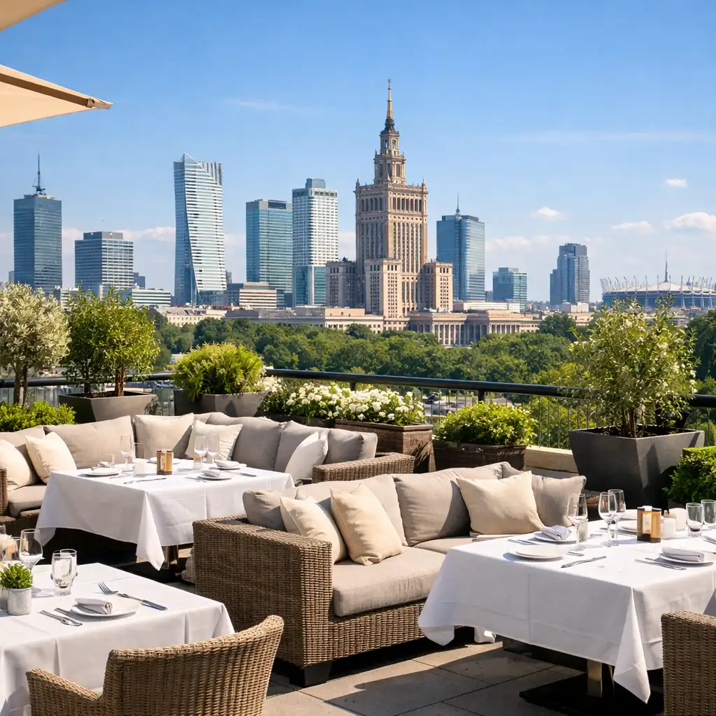 Taras Dinner Terrace w ciągu dnia z eleganckimi meblami i panoramą Warszawy