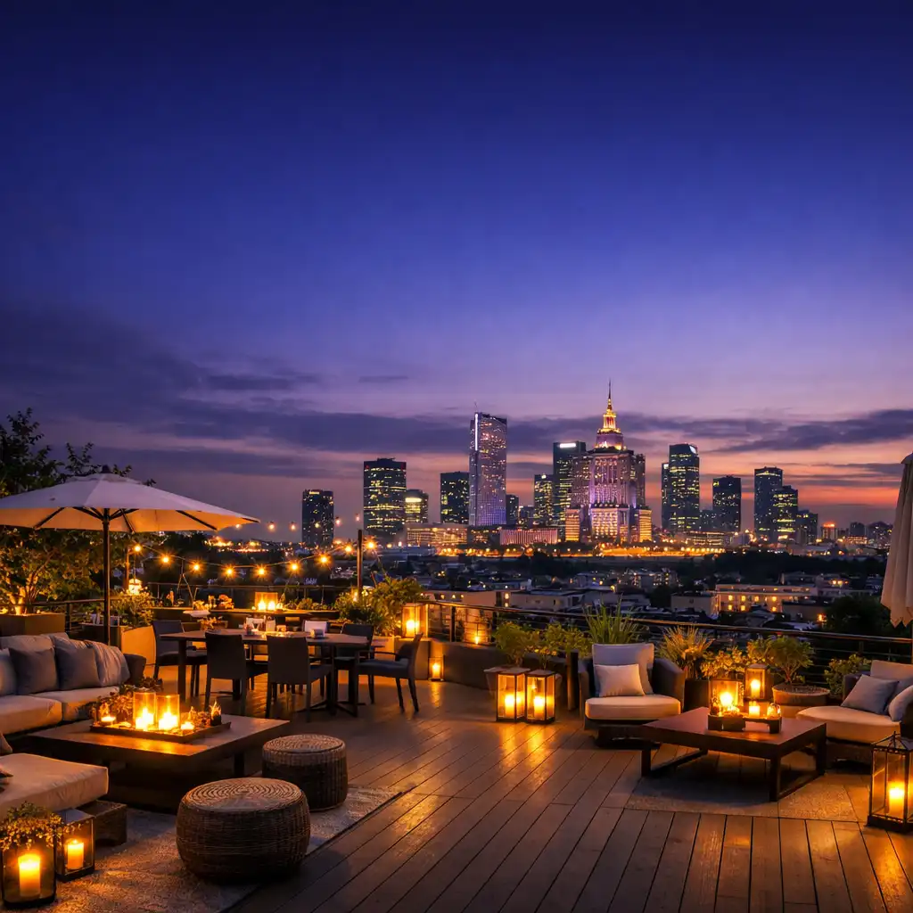Panoramiczny widok na taras Dinner Terrace o zmierzchu z rozświetloną Warszawą w tle