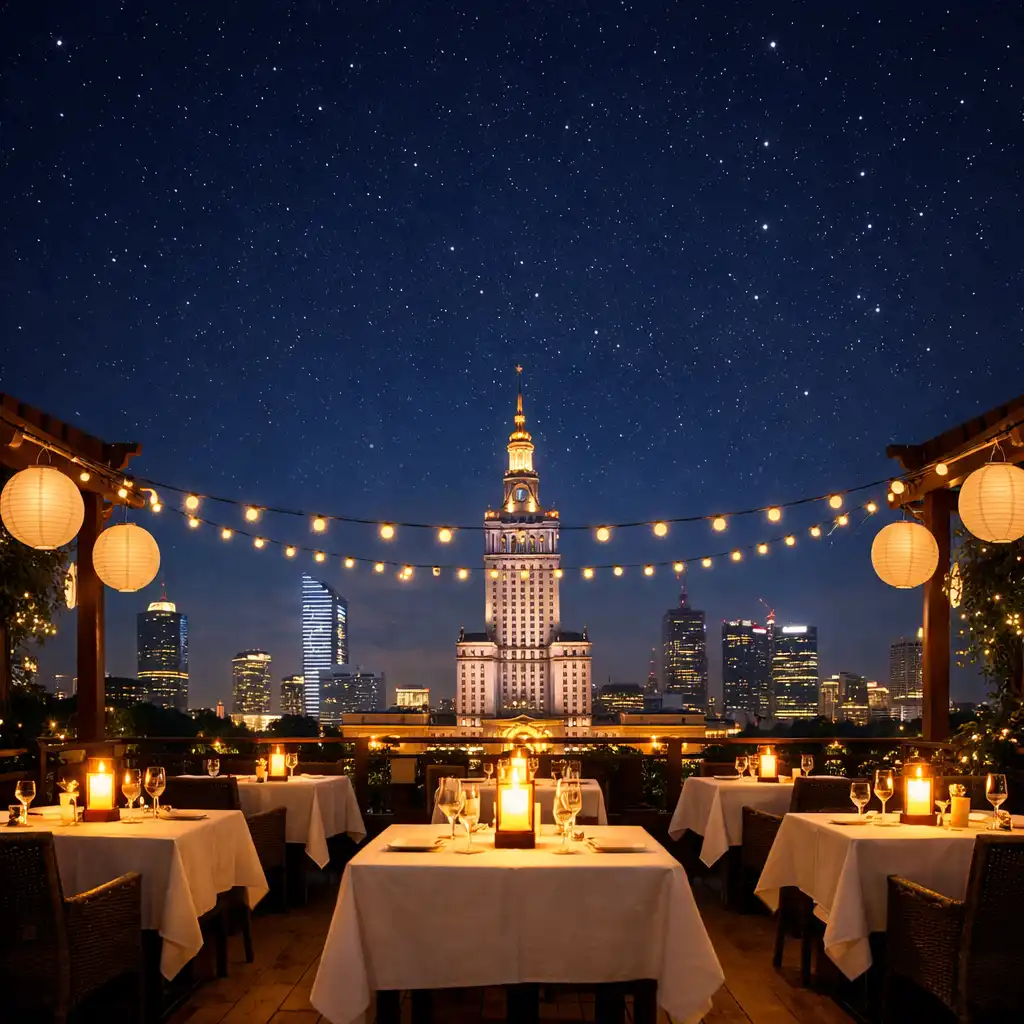 Taras Dinner Terrace wieczorem z lampionami i girlandami świetlnymi