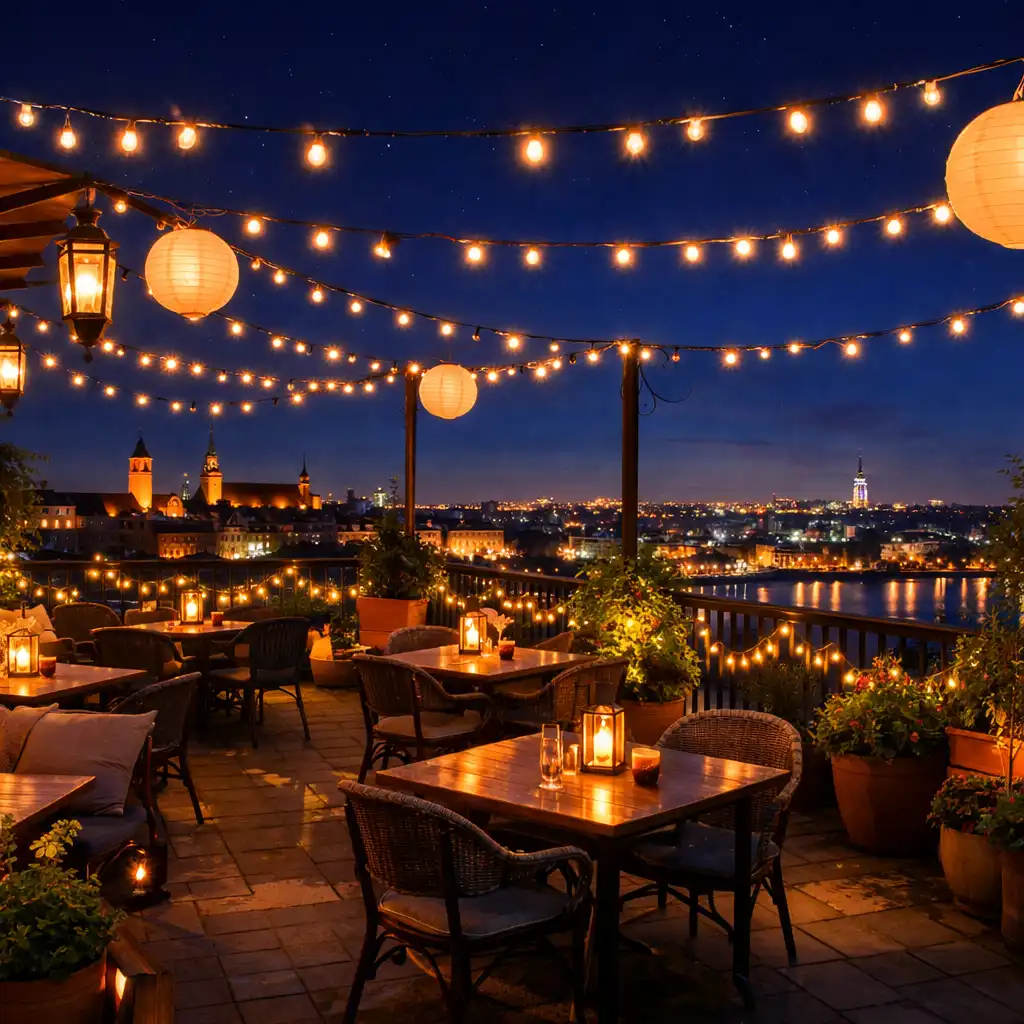 Nocny taras Dinner Terrace z lampionami, girlandami świetlnymi i widokiem na miasto