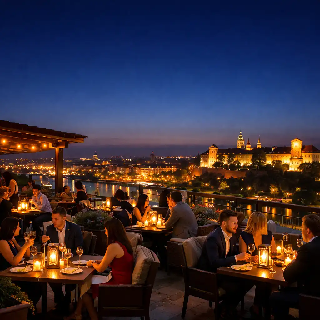 Szeroki widok na taras Dinner Terrace wieczorem, z panoramicznym widokiem na miasto